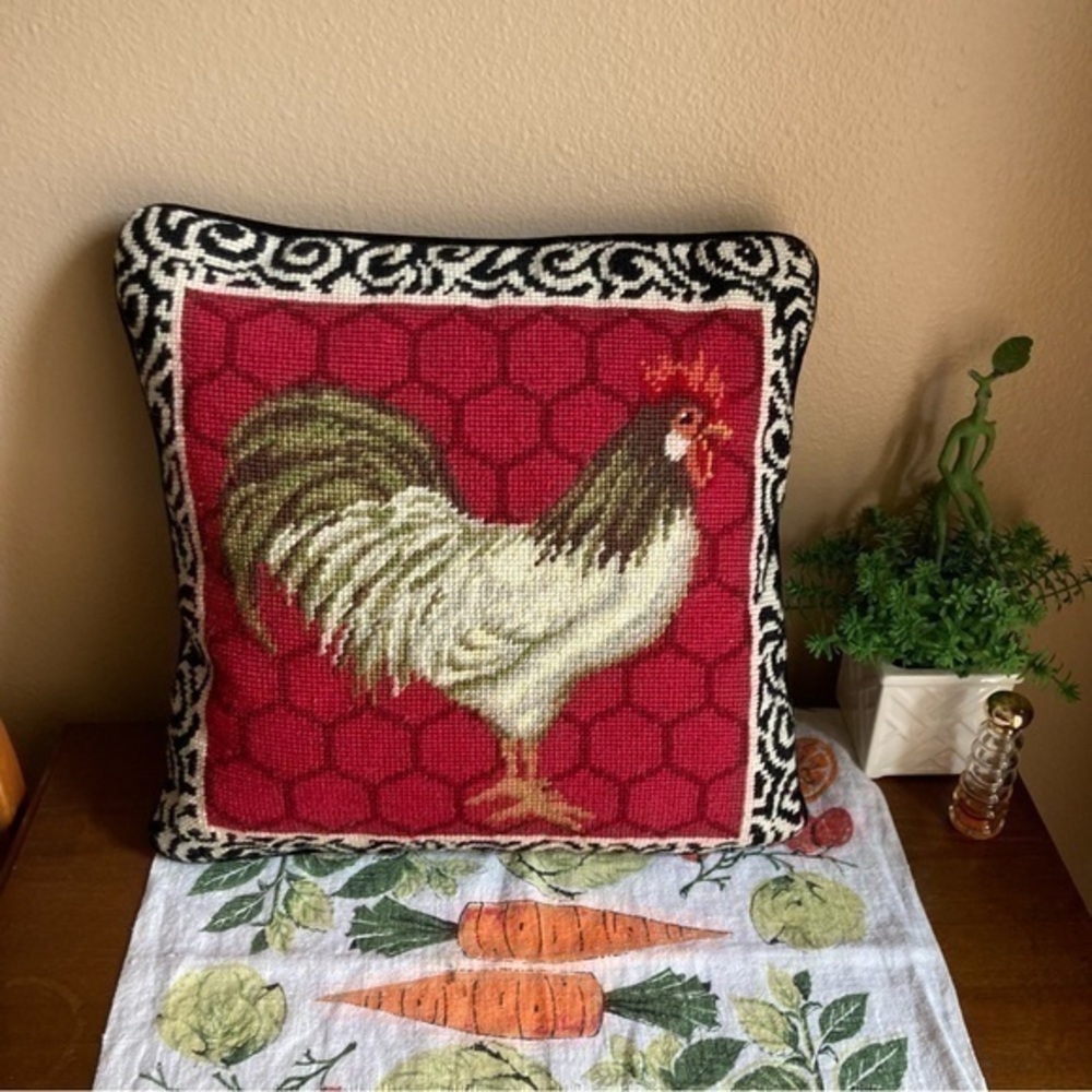 Vintage look black and white Rooster needlepoint pillow